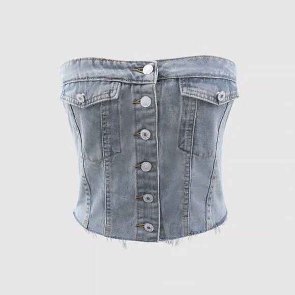 Micas Tops - Micas Light Denim Strapless Crop Top w/ Frayed Hem Button-Front NWT